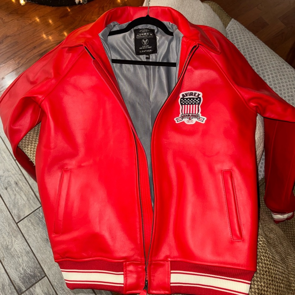Avirex Red Leather Bomber Jacket with Patch